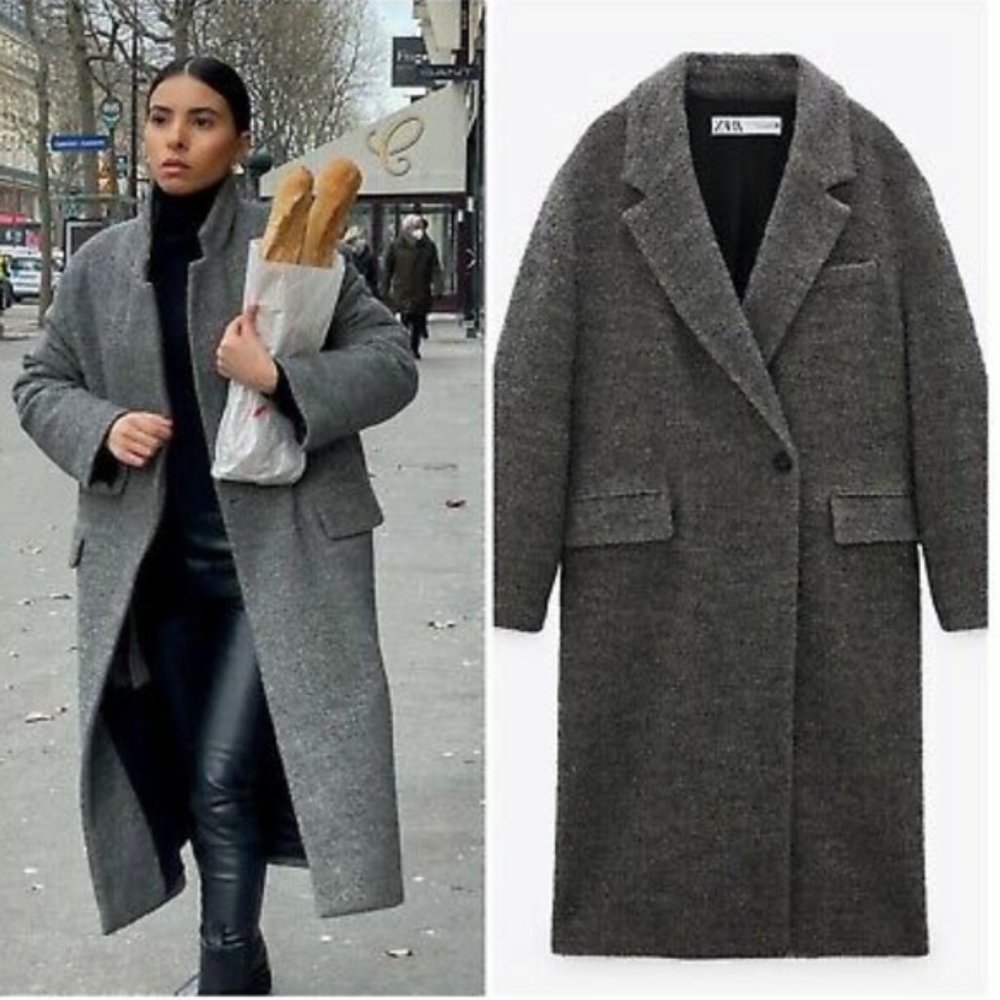 Zara wool blend tweed oversized gray metallic coat size S